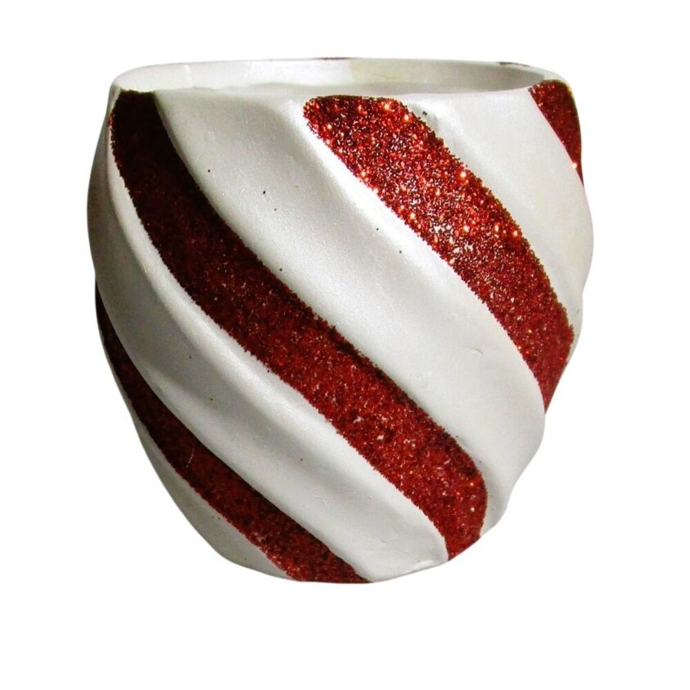 Spiral Red Glitter Vase White Ceramic Holiday Decor 2.5-inch Tablescape Accent